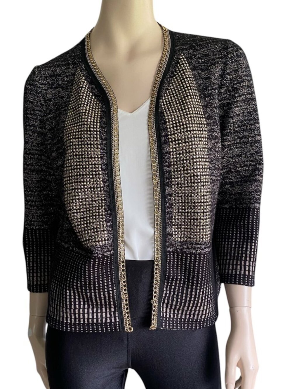 Joseph Ribkoff Metallic Studded Chain Trim Knit Cardigan Blazer Jacket Size 12